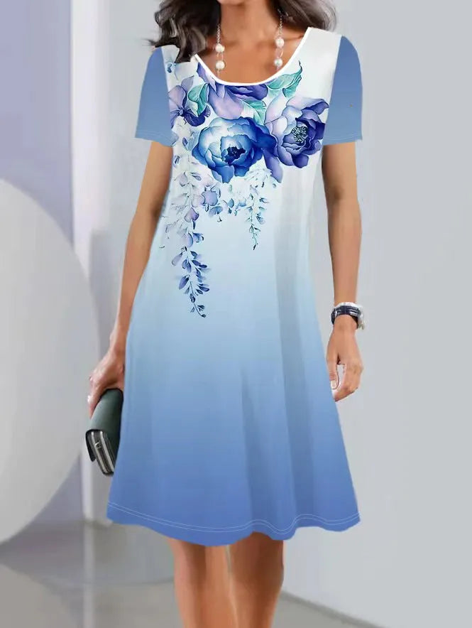 Women's floral print summer dress in ice silk fabric with A-line silhouette and short sleeves