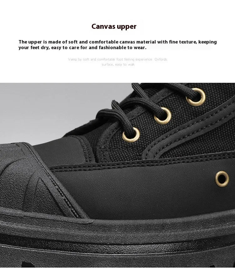 Thick-soled canvas men's casual motorcycle boots with round toe and lace-up fastening in black