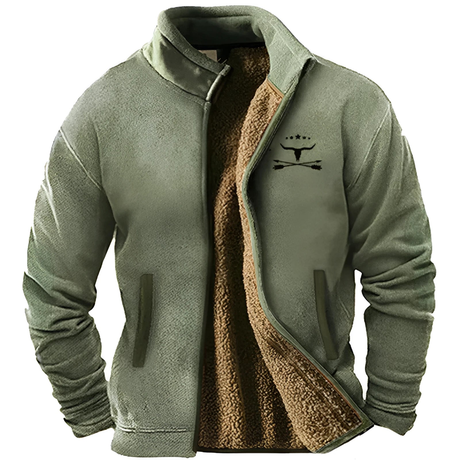 Men's green padded coat with fleece lining shown in regular 50cm length