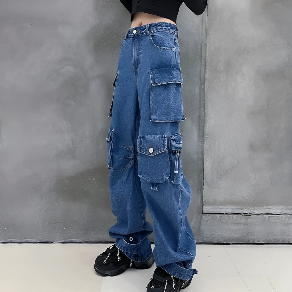 Women's blue baggy wide leg jeans with multi-pockets and denim cotton fabric