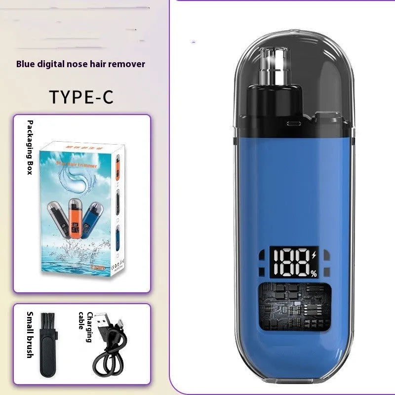 Rechargeable nose hair trimmer with digital display in black, blue, or orange colours