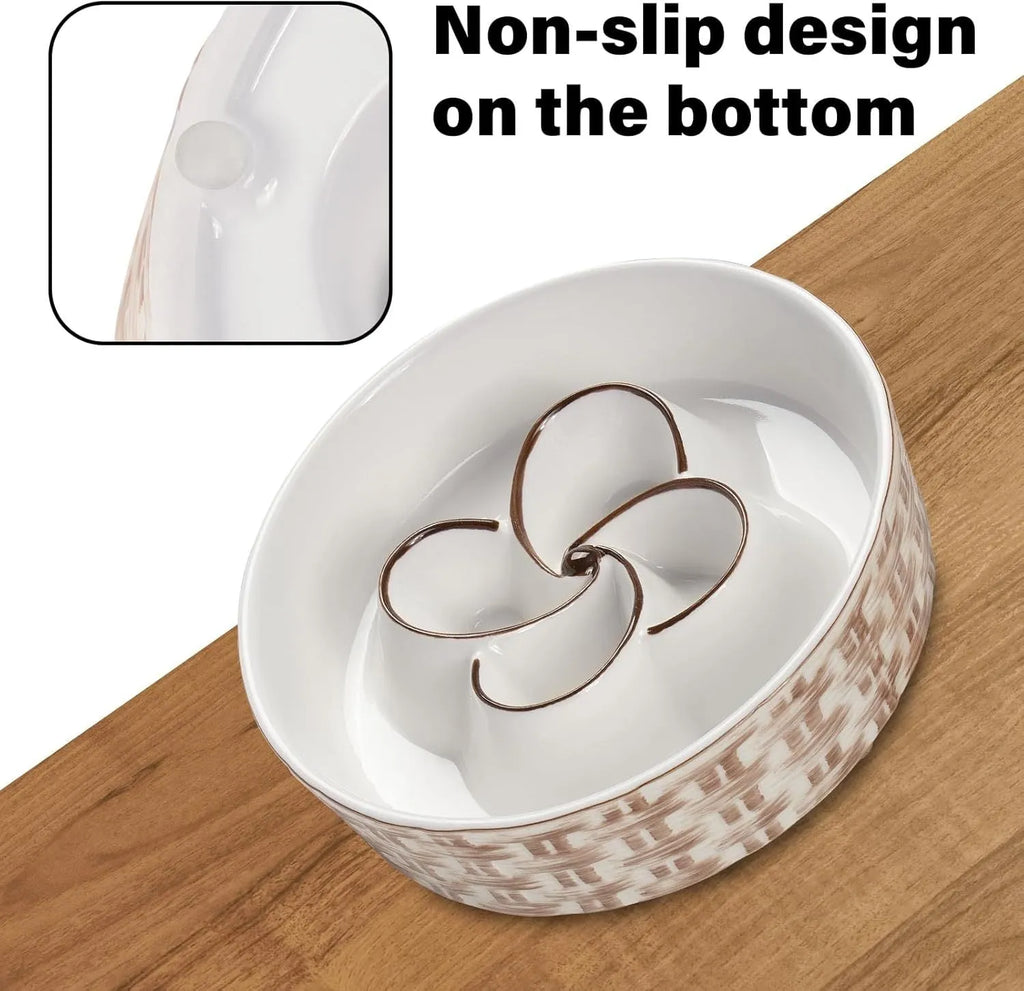 Blue ceramic slow feeder dog bowl with raised ridges for medium and large dogs on non-slip base