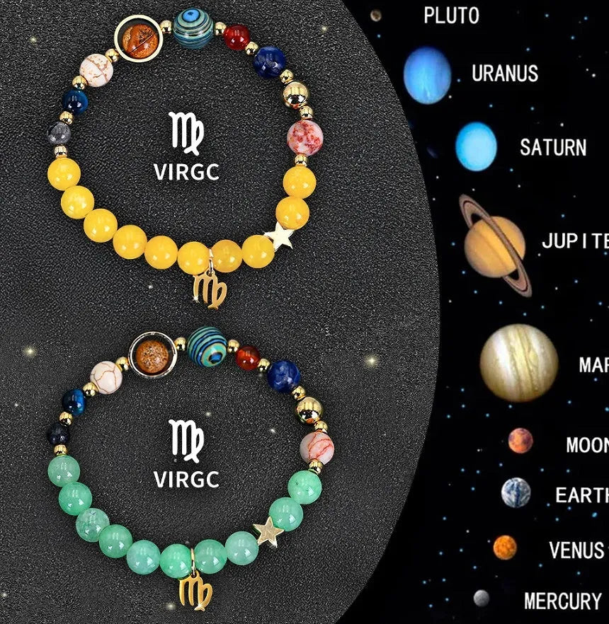 Two natural stone beaded bracelets with Chinese zodiac animal charms on an adjustable cord.