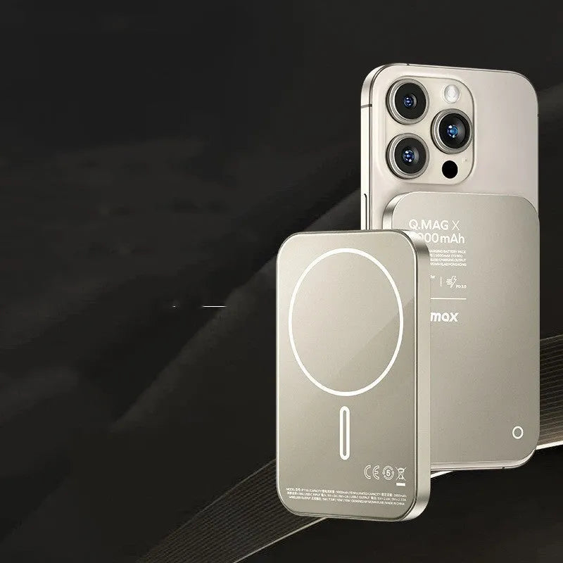 Magnetic wireless power bank with alloy shell in titanium gold or black colour.