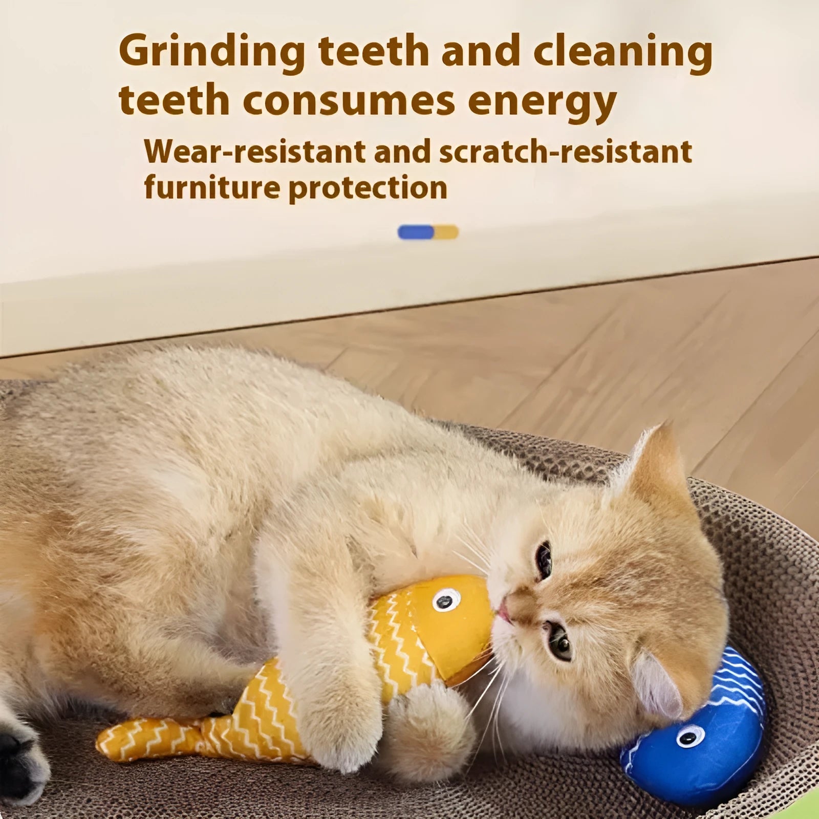 Plush fish cat toy filled with catnip, shown in blue, red, and yellow colours, with large and medium size examples