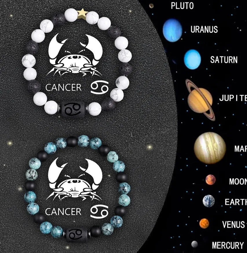 Set of two natural stone beaded bracelets showing different zodiac sign designs