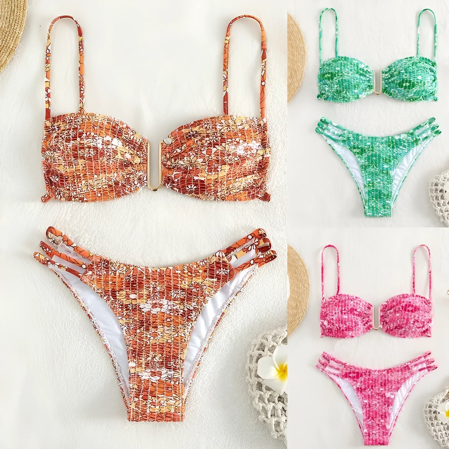 Women's orange high-waisted floral bikini swimsuit with matching bra