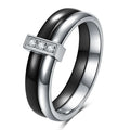 Women's ceramic ring with glossy stitching detail in steel black colour on size 8 finger