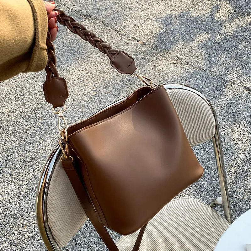 Retro woven pattern crossbody bucket bag with adjustable strap in khaki colour
