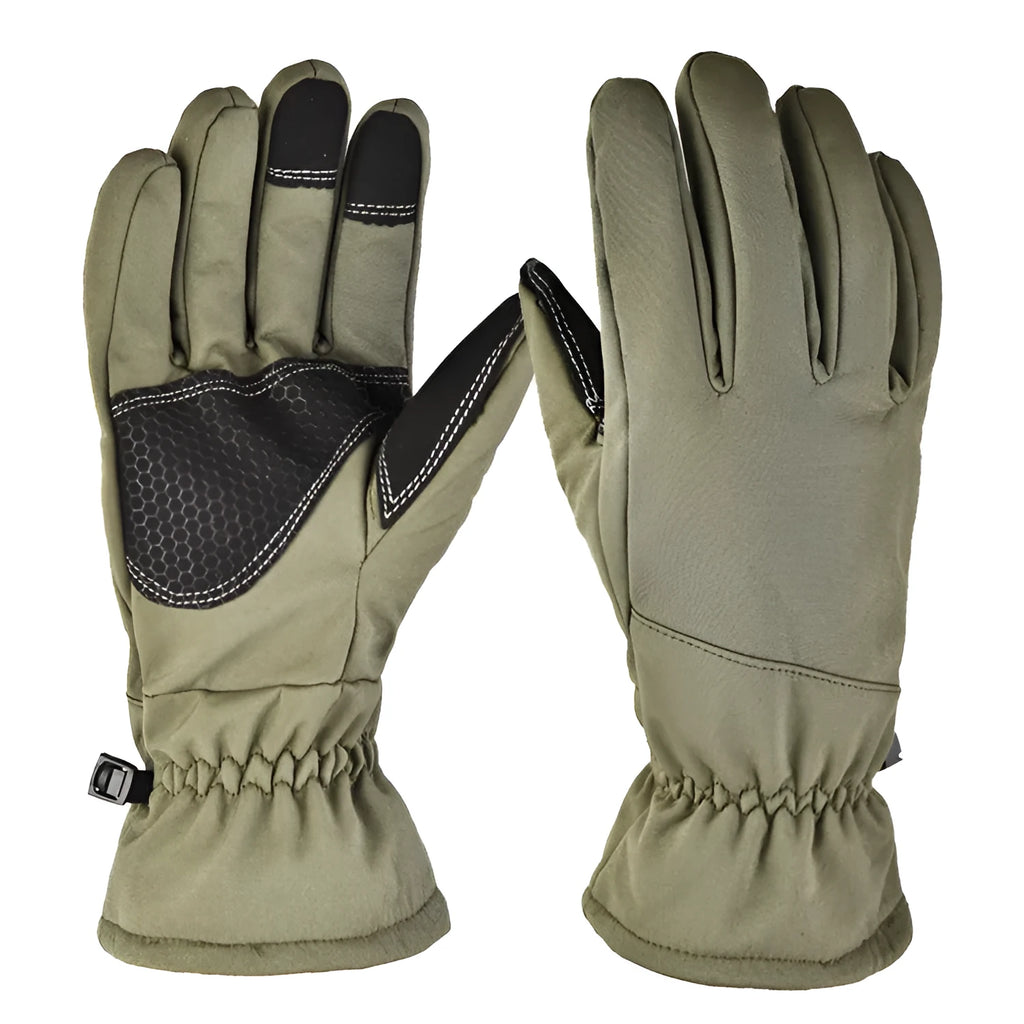 A pair of camouflage tactical ski gloves with touch screen fingertips on a winter background.