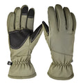 A pair of camouflage tactical ski gloves with touch screen fingertips on a winter background.