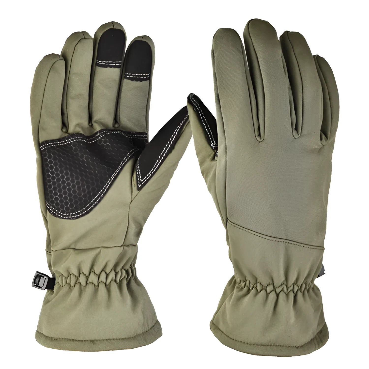 A pair of camouflage tactical ski gloves with touch screen fingertips on a winter background.