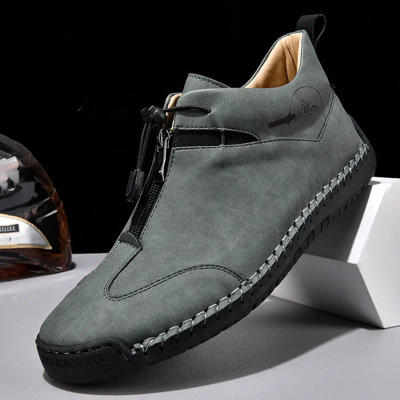 Men's casual leather shoes with mid-heel height increase in black blue green and khaki colors