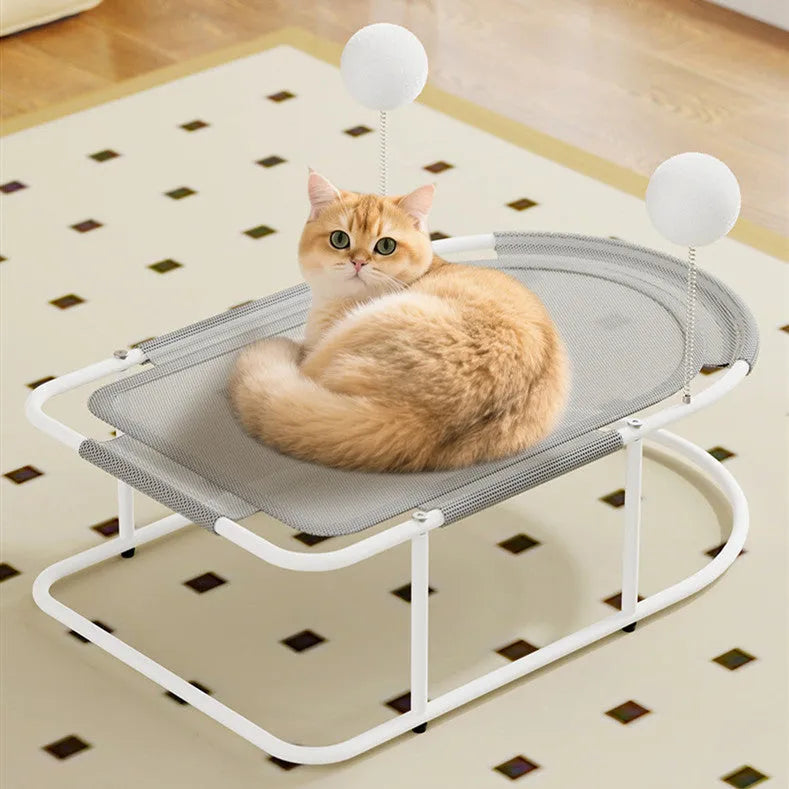 Large grey fabric cat kennel with breathable bracket design, shown as a pet bed and cage.