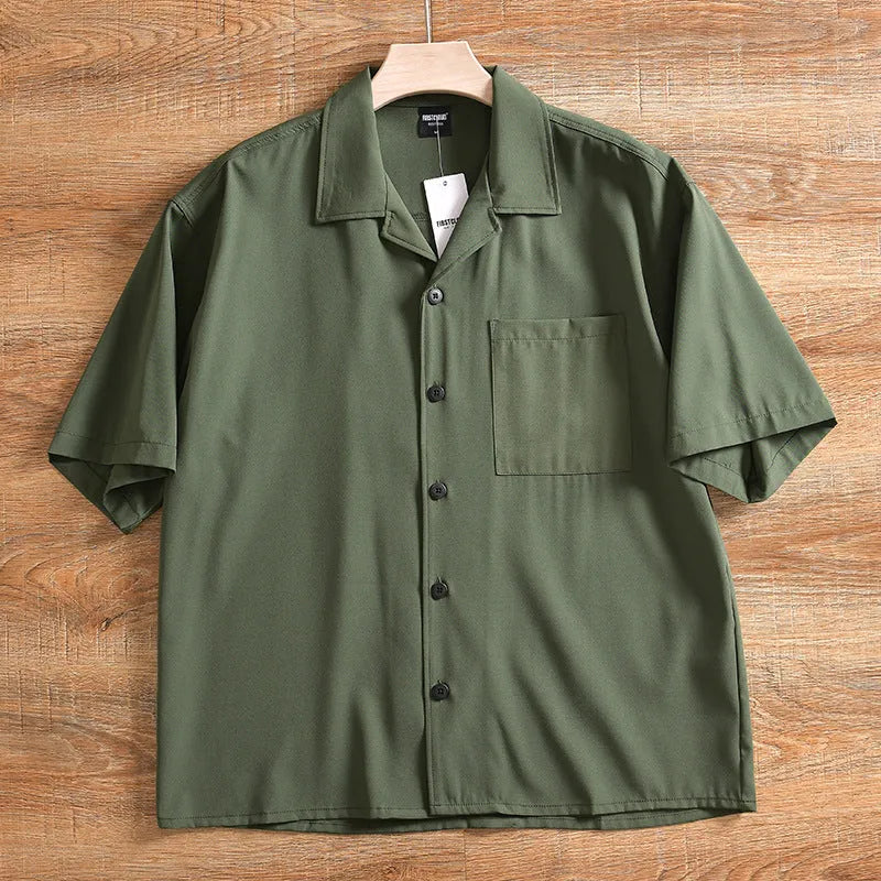 Men's loose short sleeve summer shirt in pure cotton polyester blend with Japanese fresh style