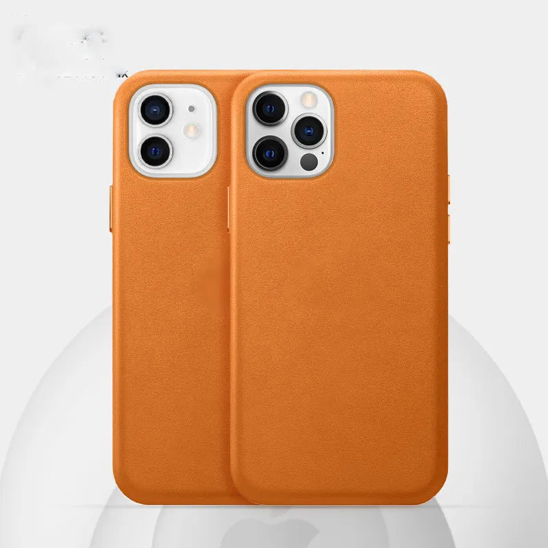Real cowhide leather phone case in black with magnetic vibration for iPhone 13 Pro Max, back cover view