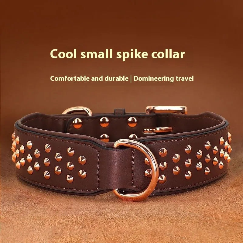 Black leather dog collar with metal anti-bite rivets, shown with chocolate and pink colour options.
