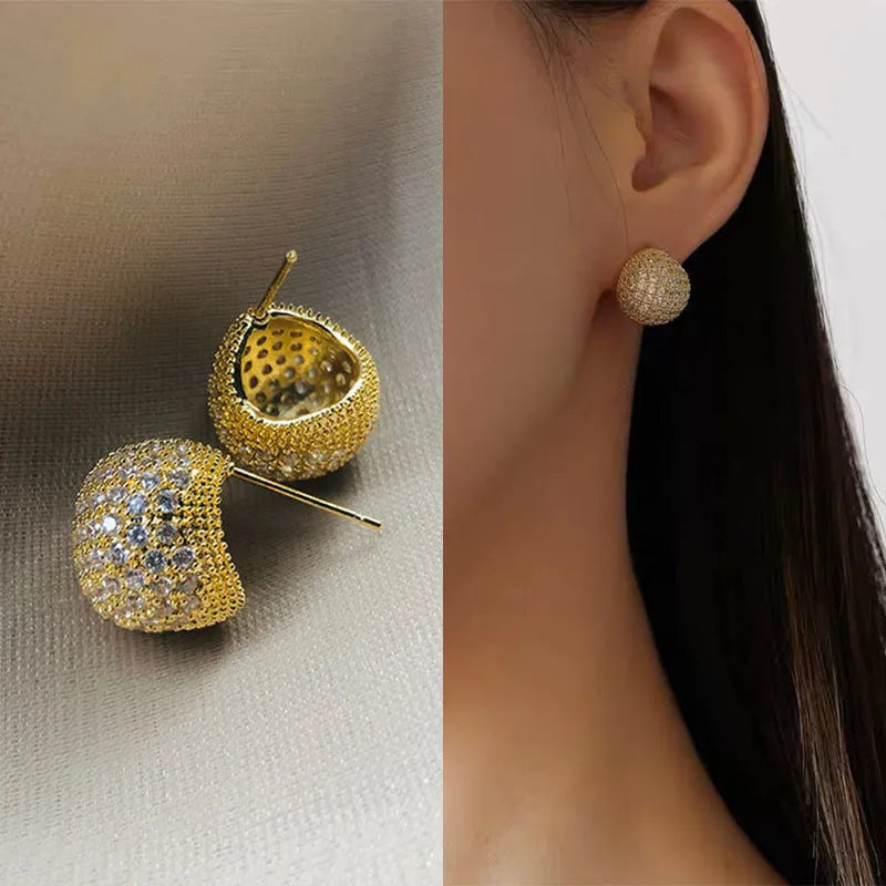 Light luxury full diamond little golden beans ear clip earrings for women, drop shape geometric design, gold and white colour options, non-pierced clip