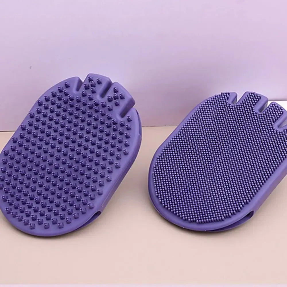 Purple soft TPR dual-sided pet massage brush for dog grooming and shampooing with ergonomic handle