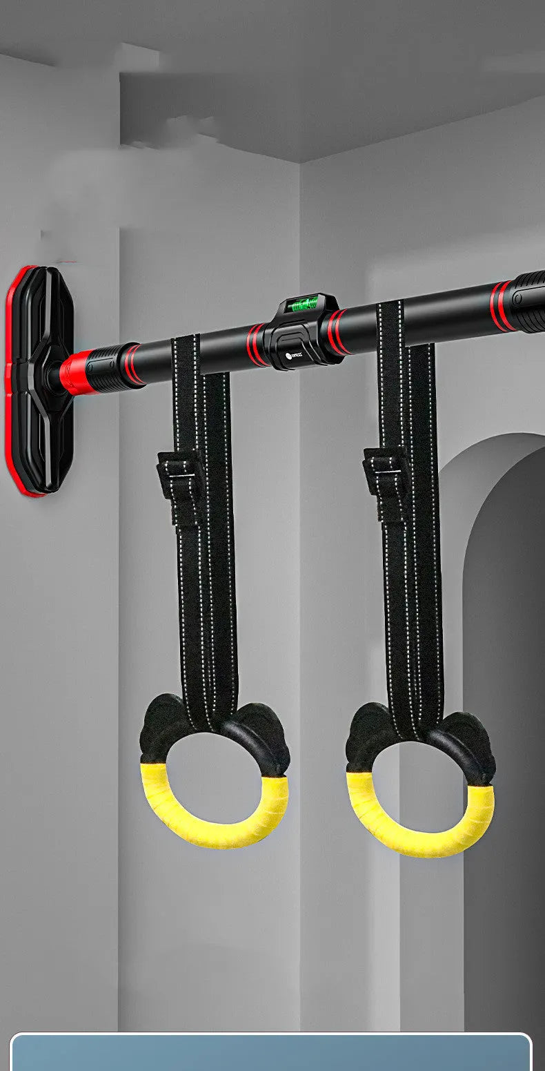 Black door frame pull-up bar with steel pipe and EVA PVC grip installed in a wooden door frame