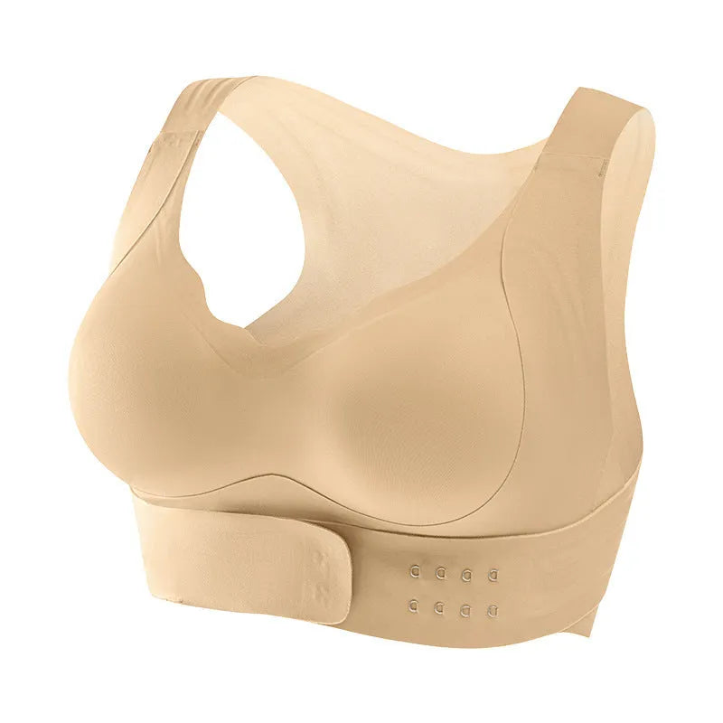 Women's cross design exercise bra with front buckle closure and back shaping in nylon fabric