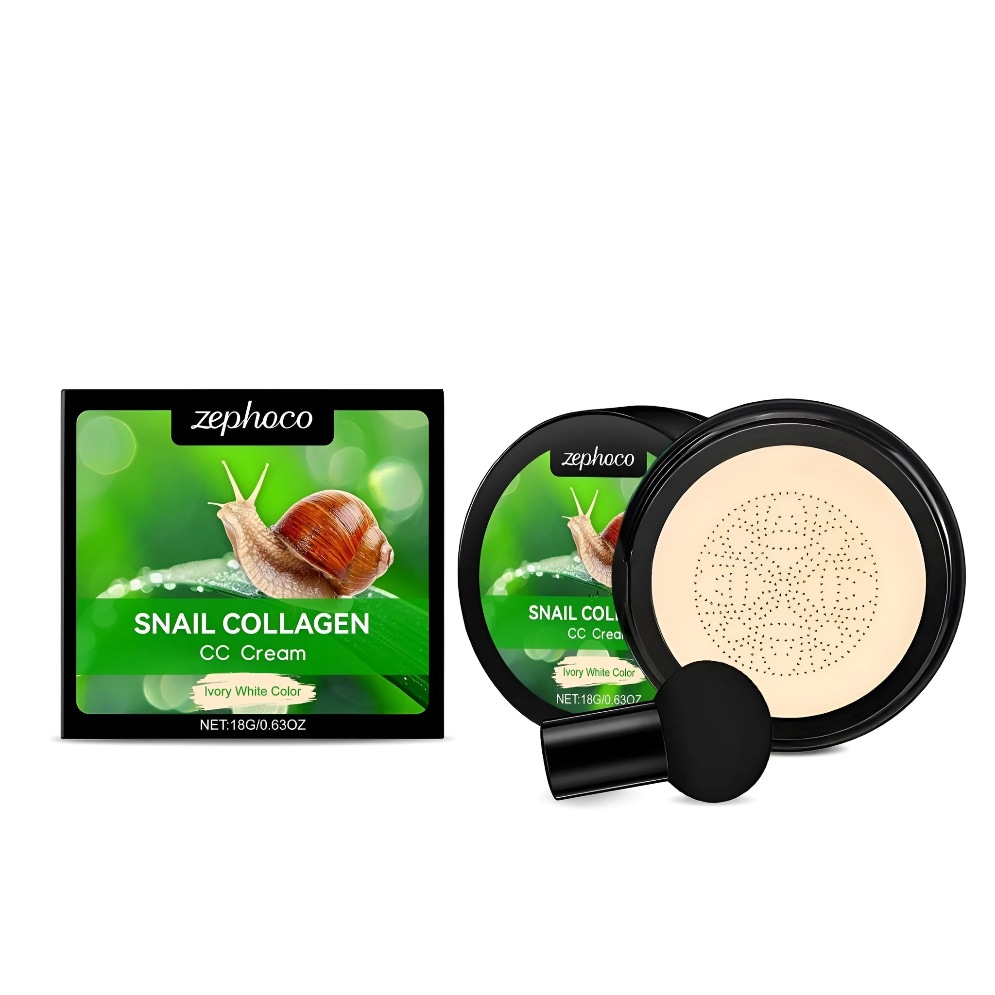 Moisturising CC cream tube with mushroom powder puff applicator in ivory white or natural colour