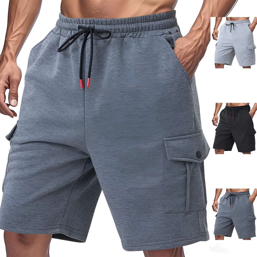Men's loose-fit heavyweight ring fabric cargo shorts in light grey with multiple pockets.