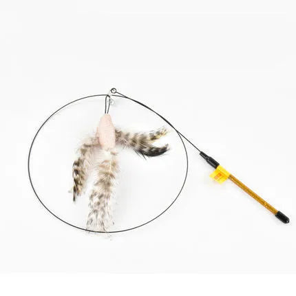 Black cat toy stick with bird feather wire end measuring half a metre in length