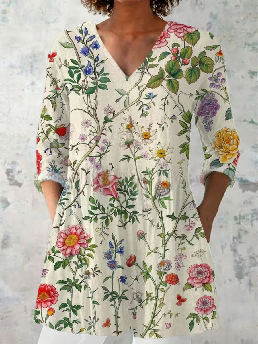 Women's retro slim fit long-sleeved polyester top with digital printing in multiple colour designs