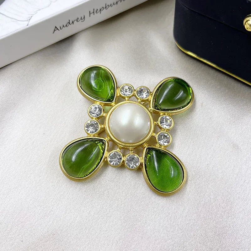 Medieval-style baroque cross brooch with crystal accents on zinc alloy in vintage design