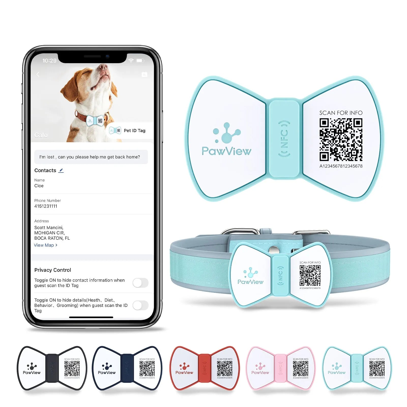 NFC smart QR code silicone pet ID tag with bowknot decoration for dogs and cats