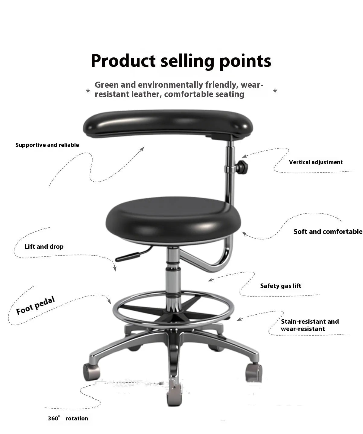 Black leather dental treatment chair with hydraulic lift mechanism for dental surgeries