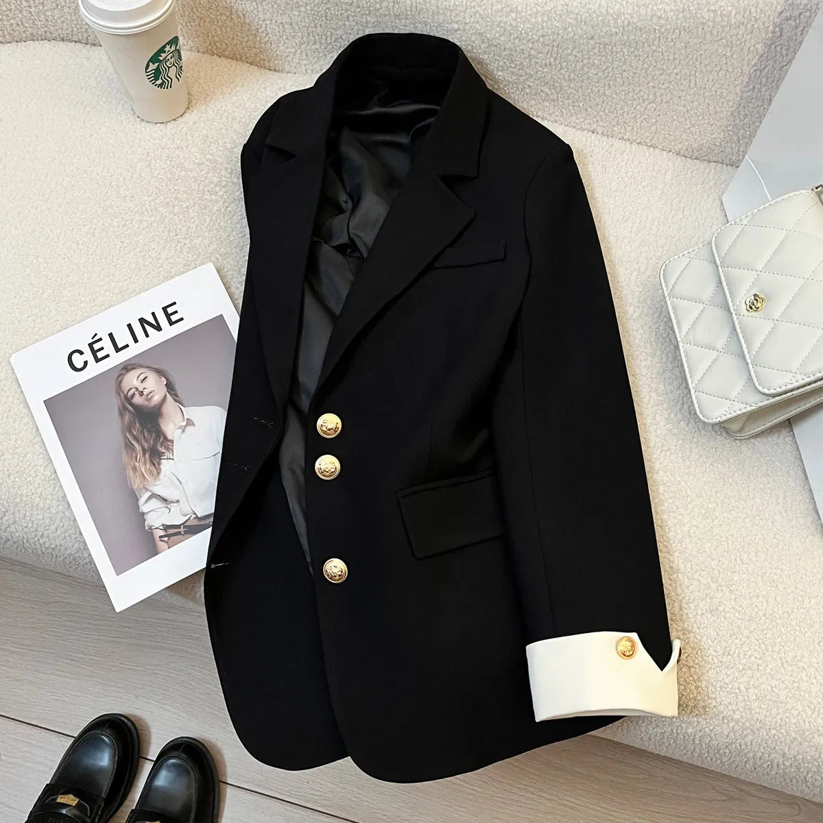 Women's Korean style loose fit coat in milky white colour with pockets and long sleeves
