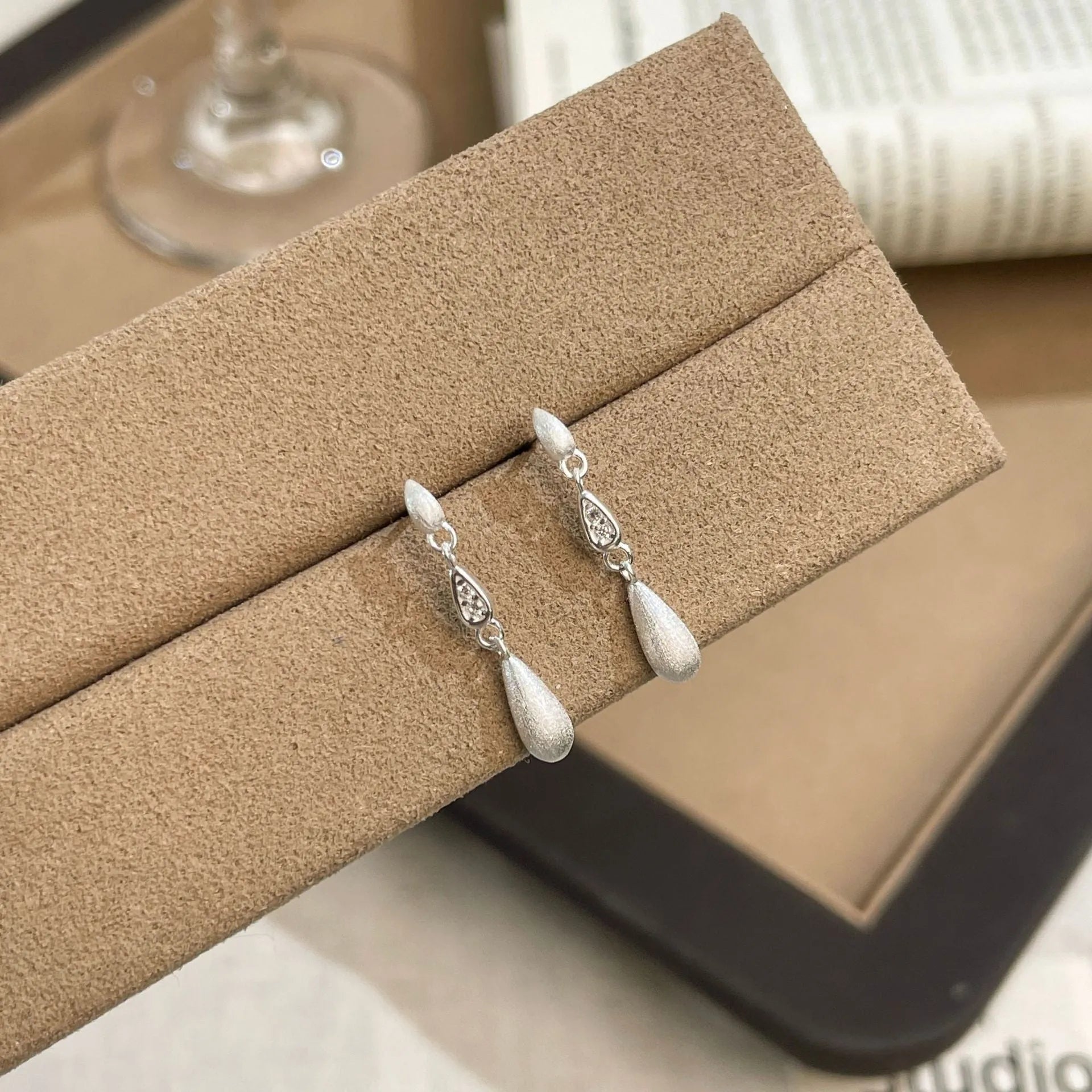 Pure silver brushed drop tassel earrings for women with electroplating finish, plain silver colour