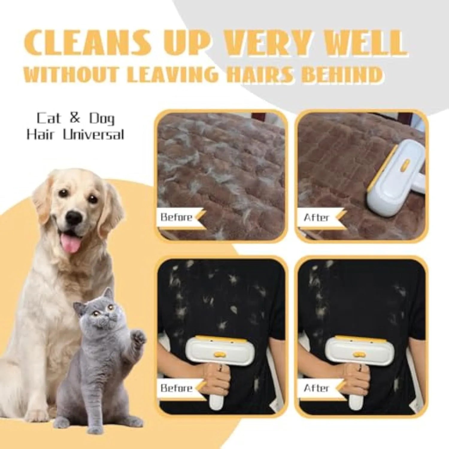 White portable pet hair remover roller with a yellow cartoon duck design on a table.