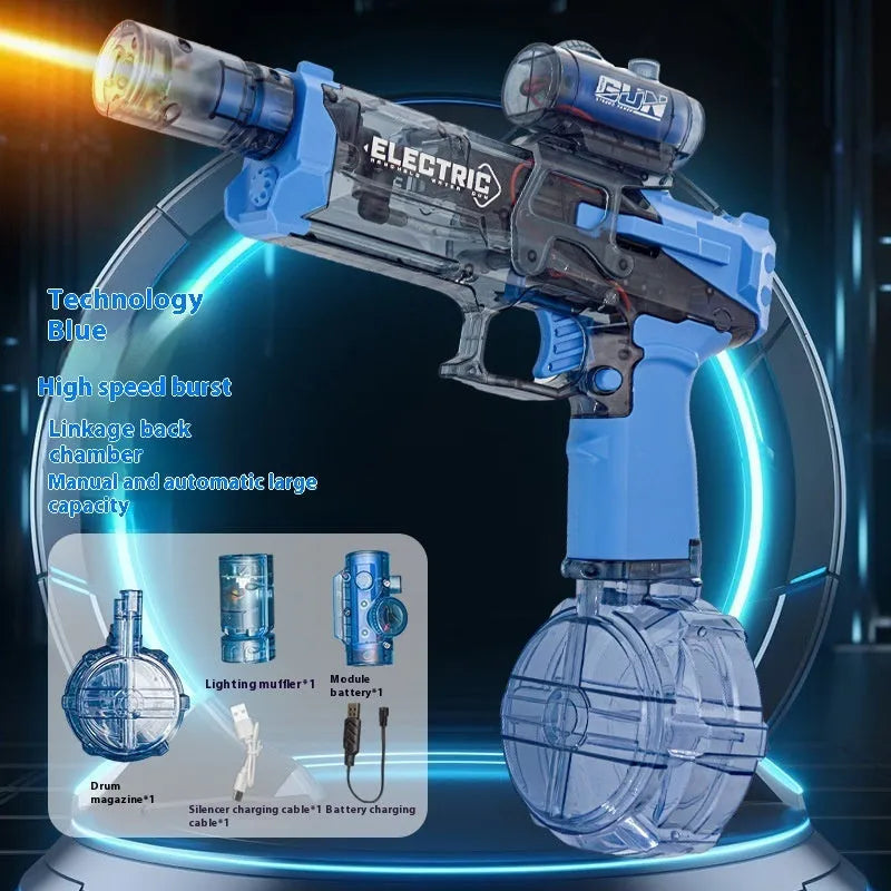 Fire Rat electric water pistol toy with LED lights showing water spray demonstration