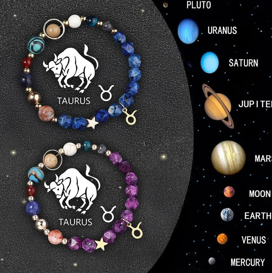 Two adjustable beaded bracelets with natural stone zodiac charms and metal accents on a wrist.