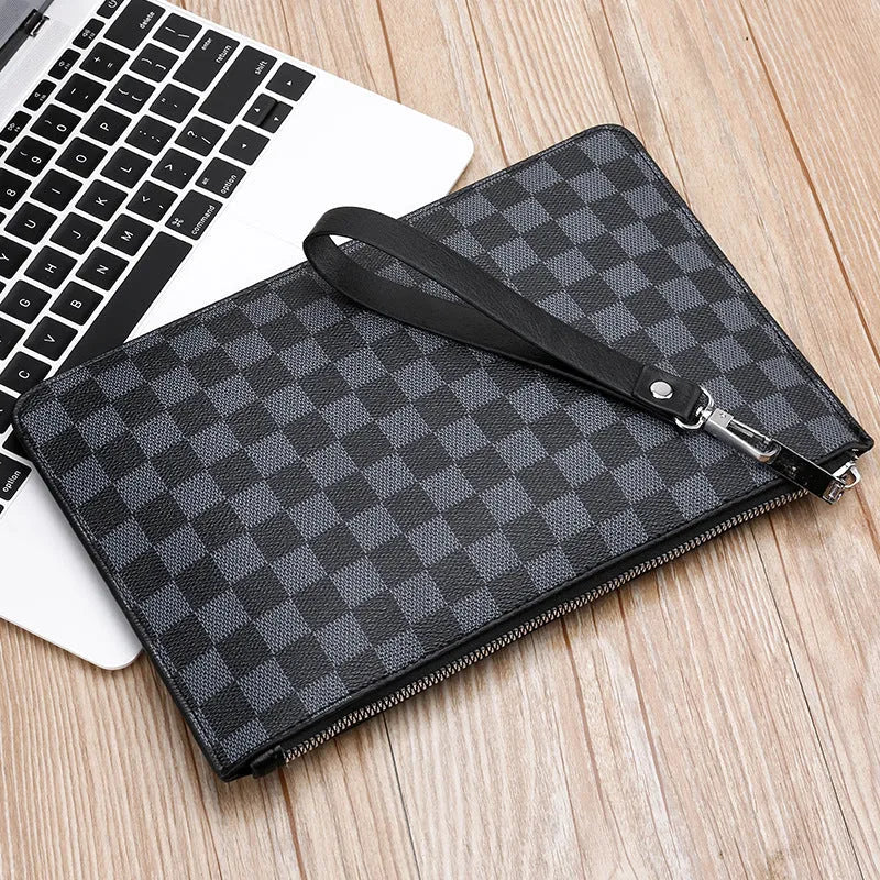 Men's soft PU leather clutch wallet open showing six card slots, bill slots, and a zipper pocket