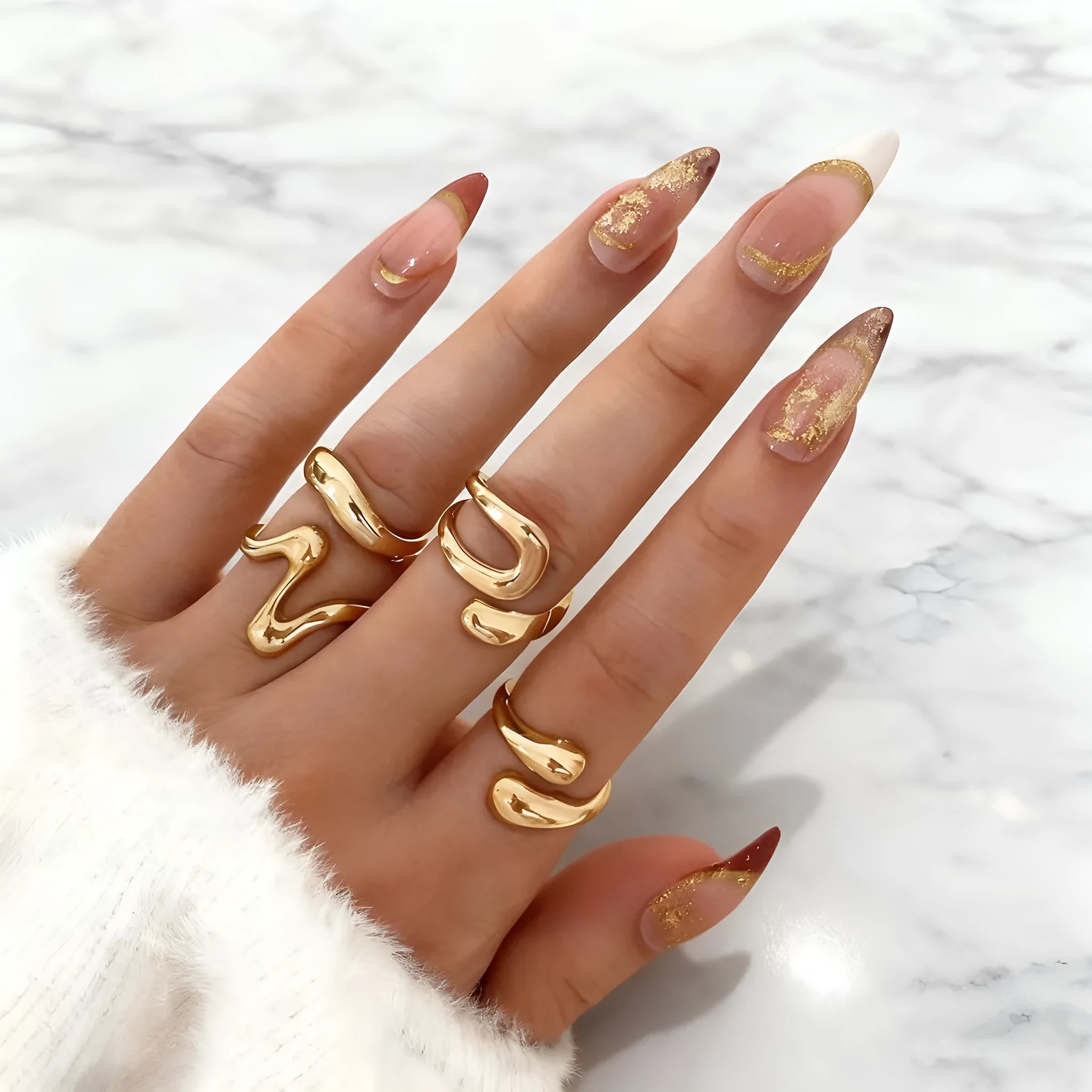 Geometric open ring set in gold and silver electroplated metal, two styles, for women