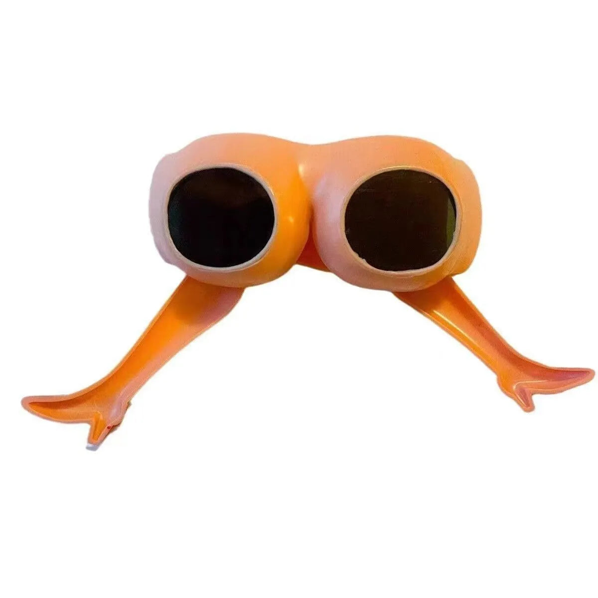 Orange plastic novelty sunglasses with a distinctive leg hip design on the frame.