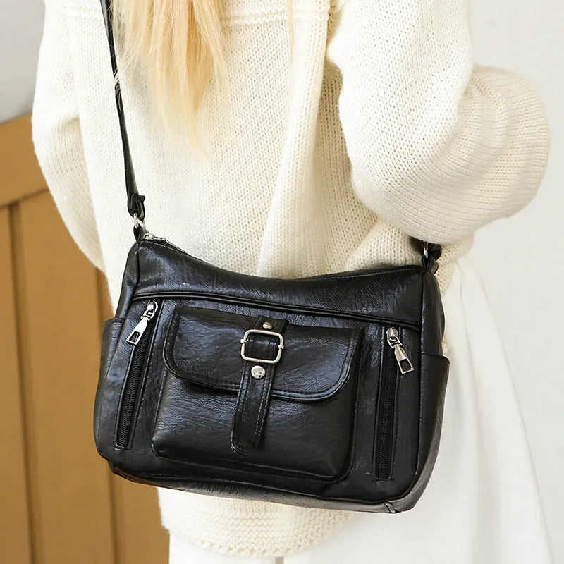 Retro large capacity soft PU leather shoulder messenger bag in brown, 27x20x10cm, with sandwich pocket