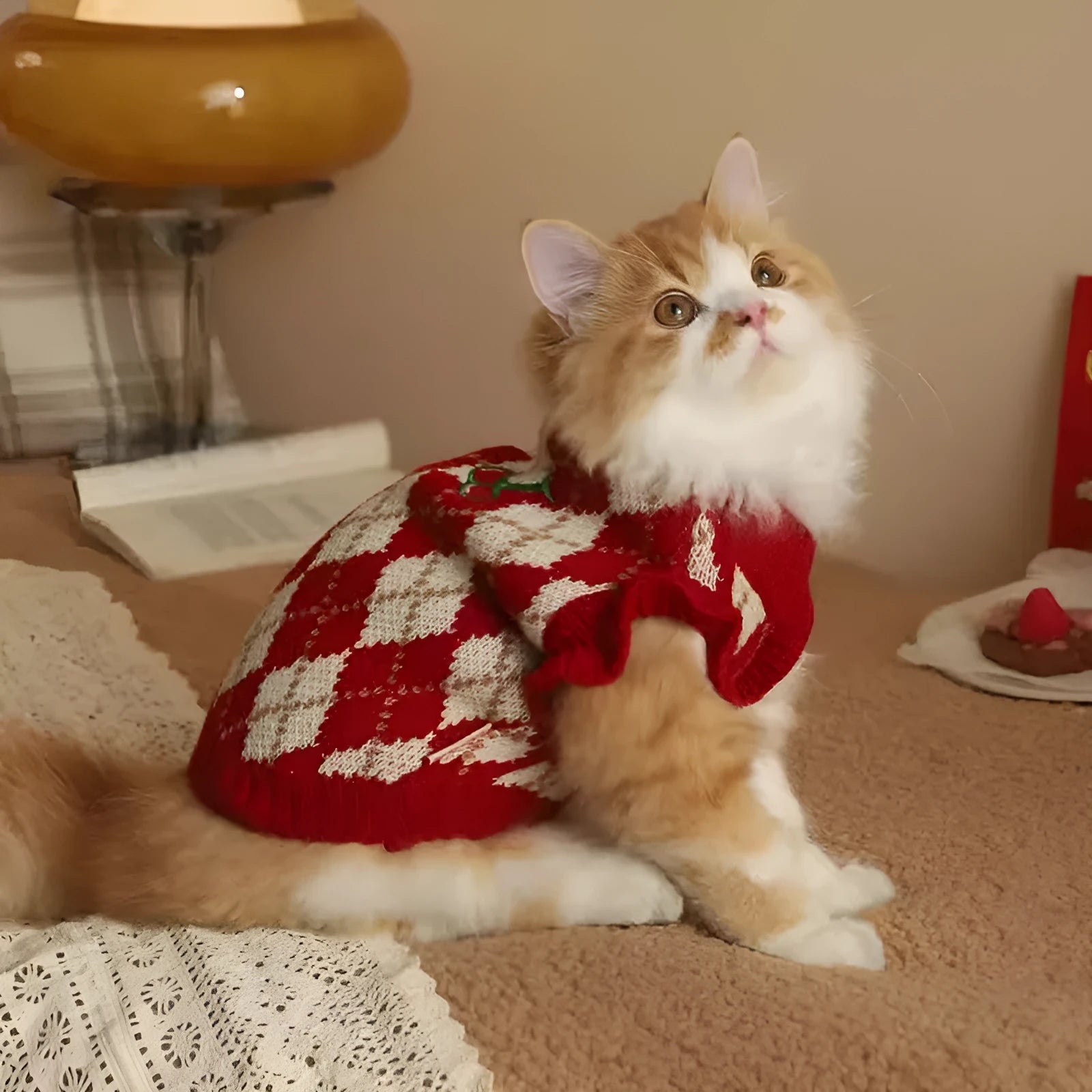 Red polyester cat sweater with rhombic embroidery cherry design, side view on white background