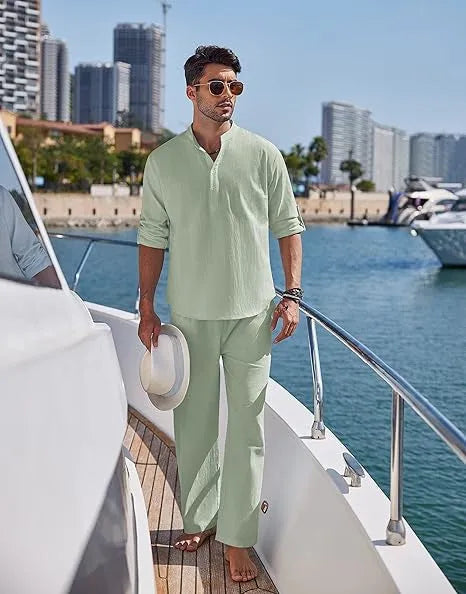 Men's casual cotton trousers suit in a solid colour, showing long sleeve top and matching trousers