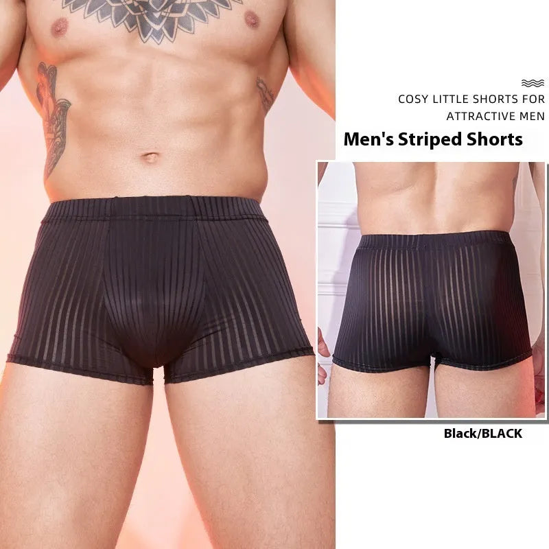 Men's striped thin transparent nylon underwear in black, dark grey and white colours