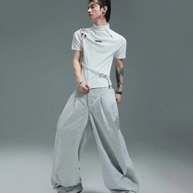 Men's slim fit cotton T-shirt with metal belt design and small stand-up collar