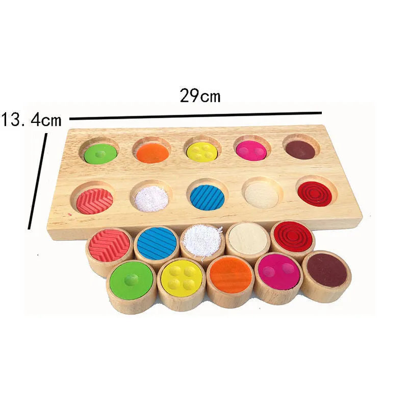 Wooden Montessori touch box balance building blocks toy set on a white background