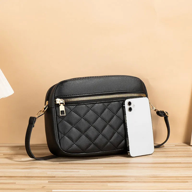 PU leather crossbody bag in horizontal square shape with large-capacity, diamond mesh and stitching details, available in white, black, pink
