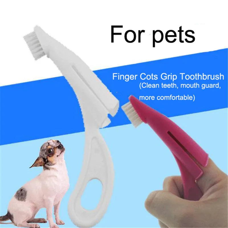 Red and white finger toothbrush for pet dental cleaning with soft silicone bristles