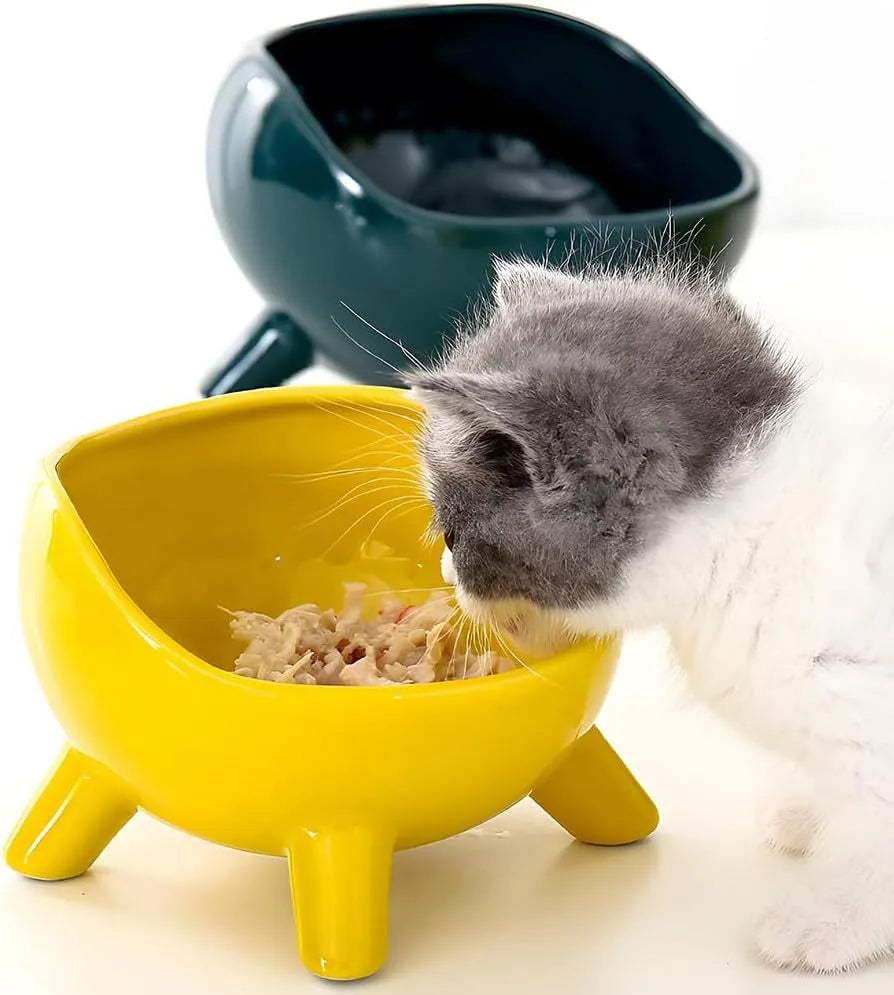 Green four-legged ceramic cat food bowl for indoor pets with wide mouth design