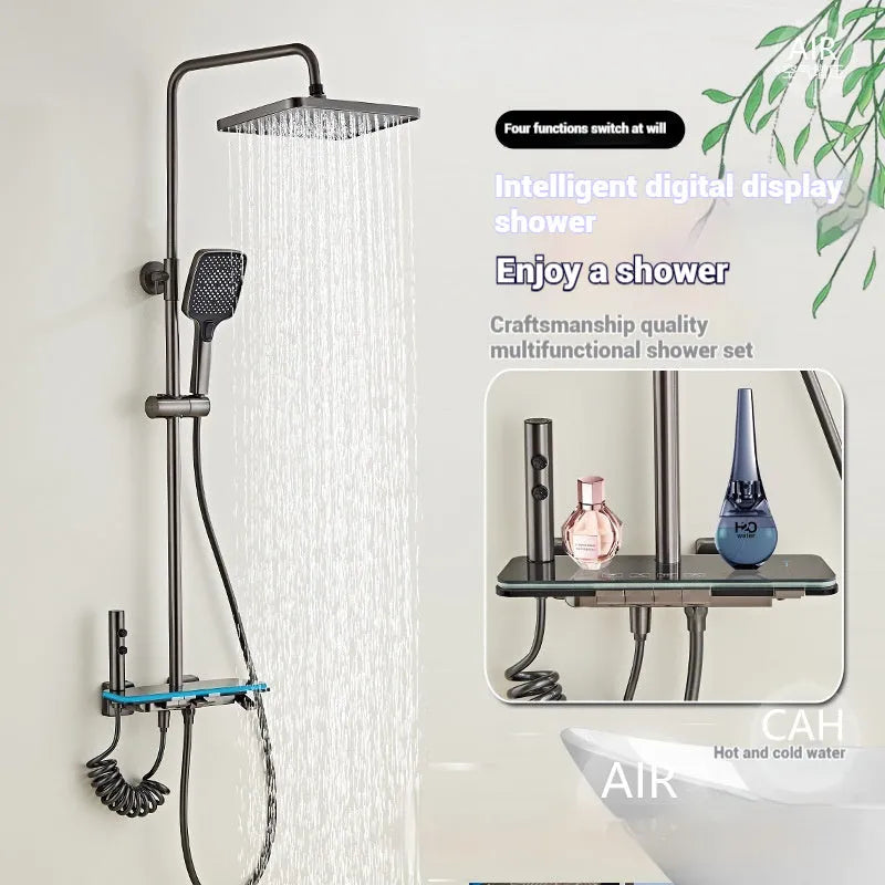 Aluminium digital display shower head set in white or grey with temperature control